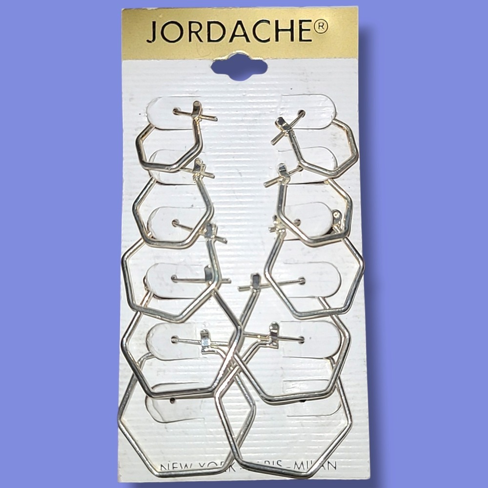 Vintage 90s Jordache 5 Pair Hexagon Hoop Earrings Silver Tone NOS